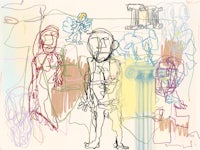 a drawing of a group of people in front of a statue