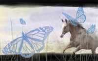 a painting of a horse with butterflies in the grass