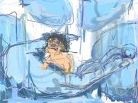 a drawing of a person in a blue chair