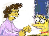 a drawing of a man talking to a woman