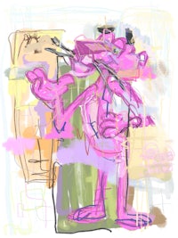 a drawing of a pink man holding a cigarette