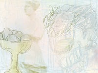 a drawing of a woman with a bowl of fruit
